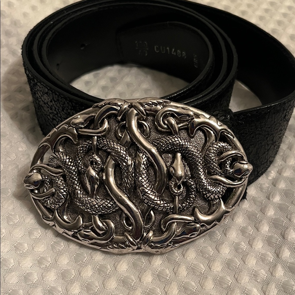 Versace Vintage Black Leather Belt with Ornate Snake Buckle.